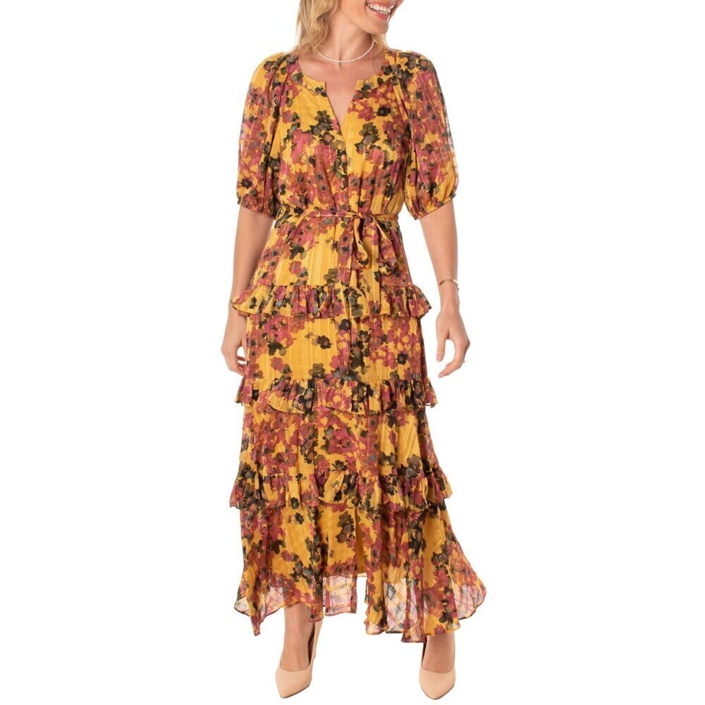 NWT Taylor (8) Dress Floral Print Ruffle Tiered Maxi Elbow Puff Sleeve Marigold